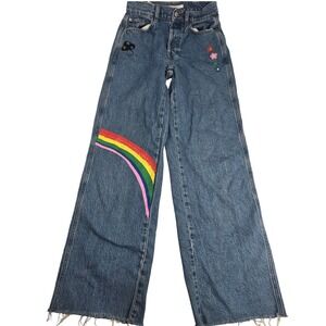 Pacsun Baggy Jeans Rainbow Embroidered Wide Leg Denim Jeans 24x32 Raw Hem‎ Y2K